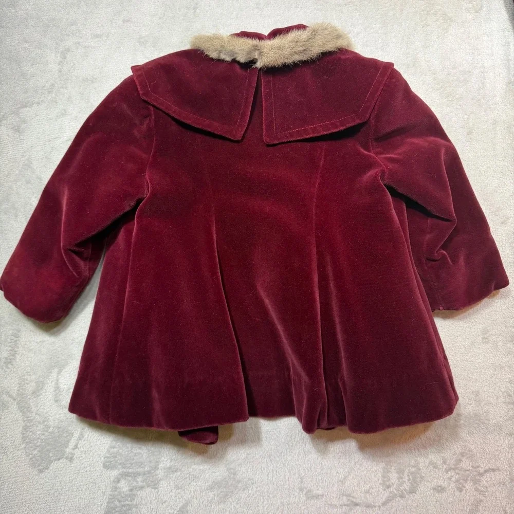 Vintage 1950s Burgundy Velvet Kids 3pc Snowsuit Set Coat Pants‎ Bonnet Fur Trim